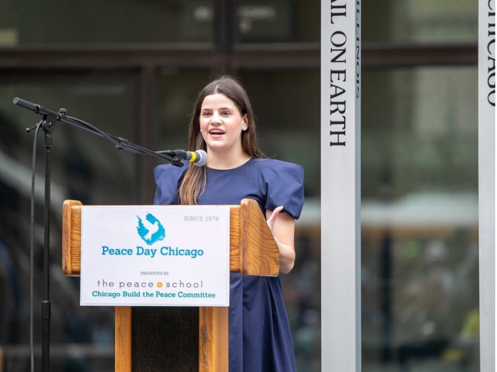 Bella Brown talking at the Peace Day Chicago event